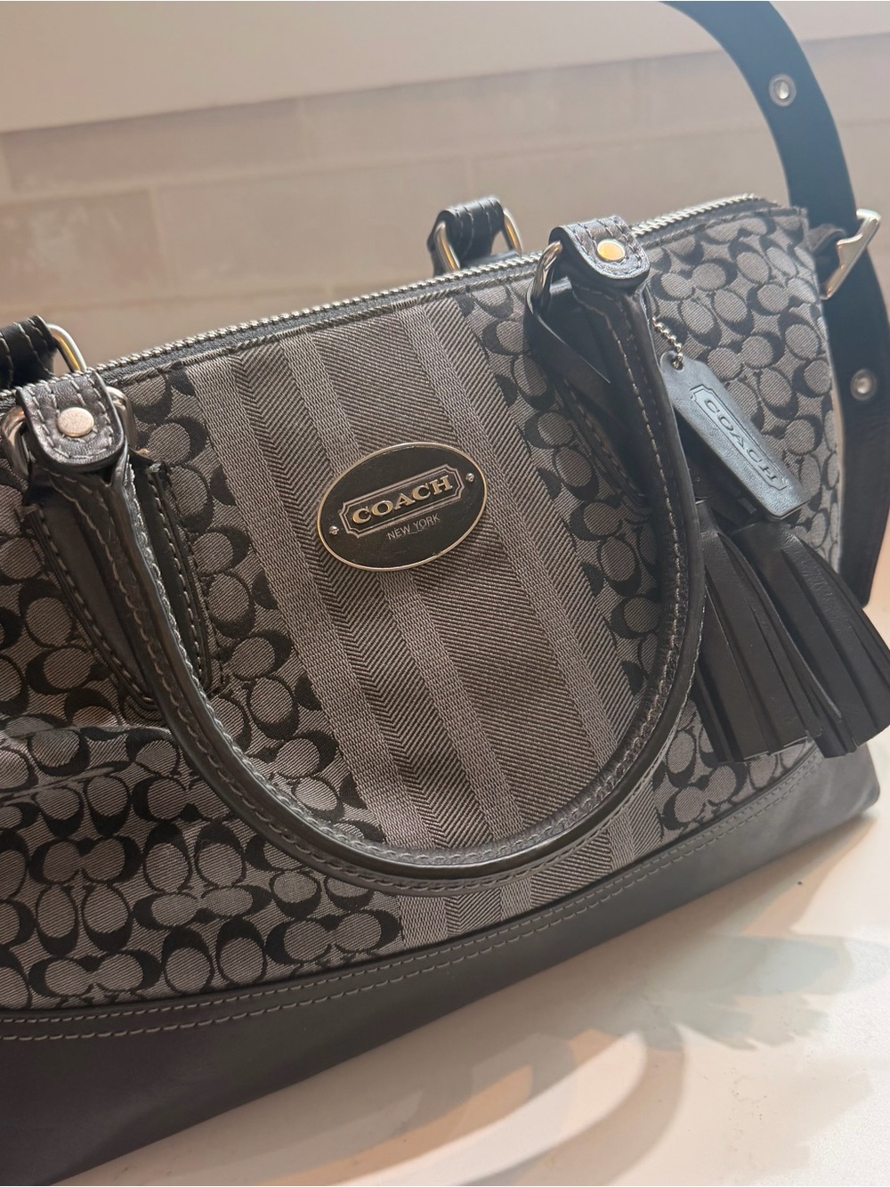 COACH Black and Gray Signature Stripe Satchel